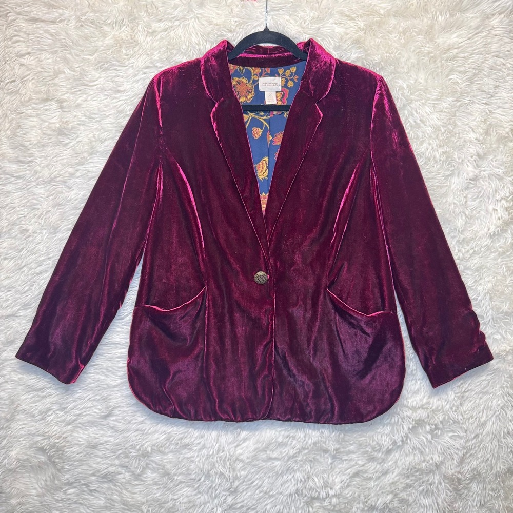 Chicos Velvet Blazer Plum Burgundy Floral Lined Smoking Jacket Sz 2 Large Blazer